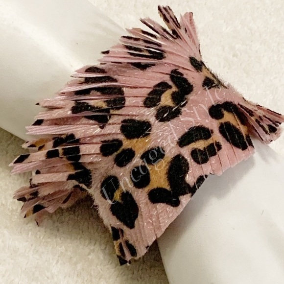 NWT Pink Leopard Fringe Snap Bracelet | Animal Print Faux Leather Cuff - Picture 9 of 13